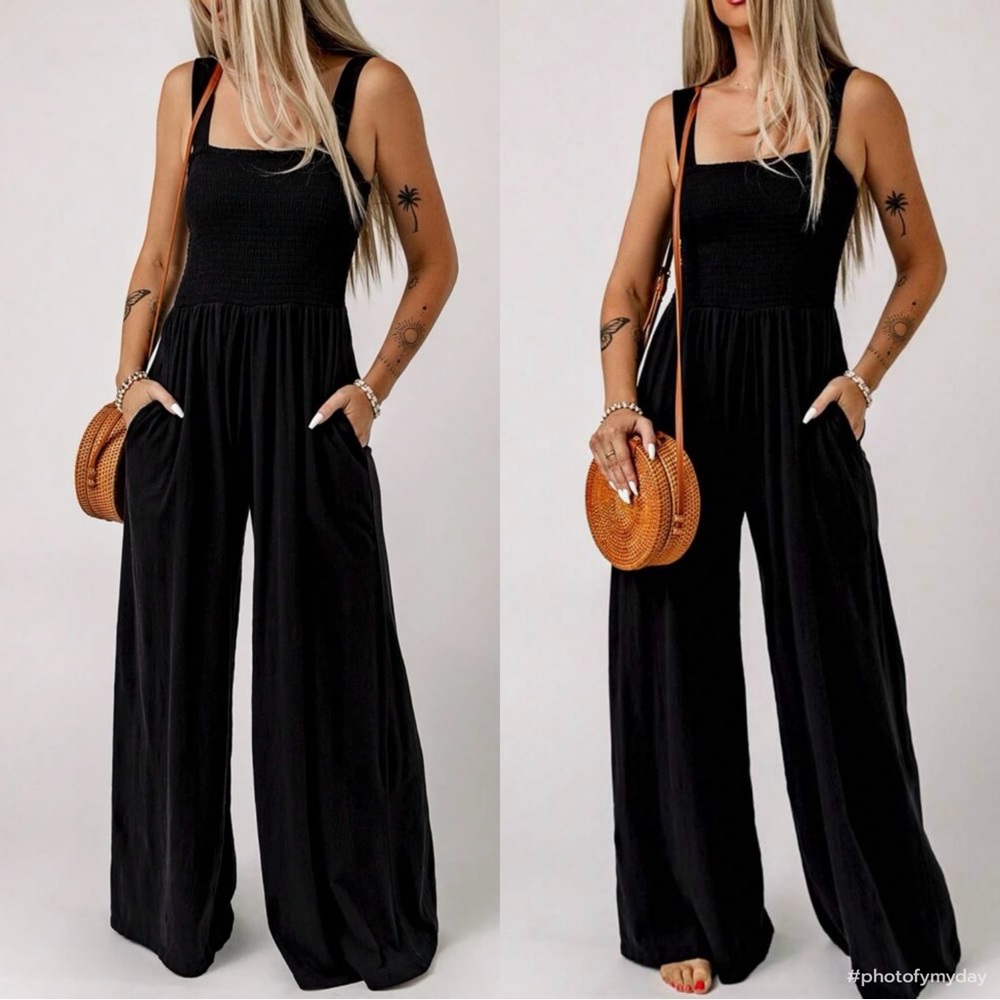 Boho Smocked Cami Top Wide Leg Pants Jumpsuit Green - Picture 9 of 11